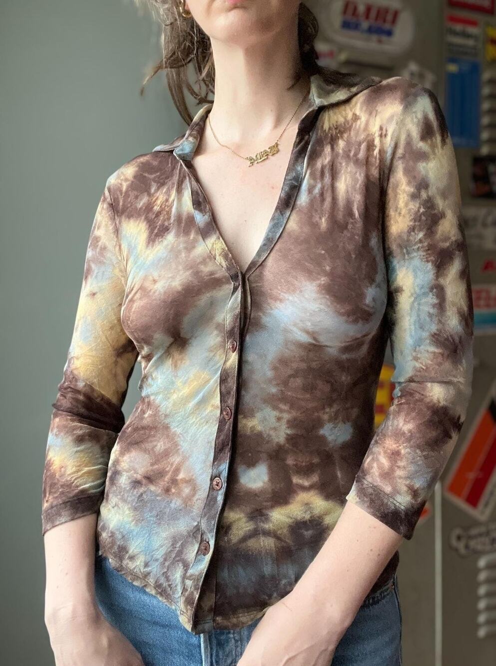Vintage 90s Mesh Button-Up Top | Guess Sheer Tie Dye Collared Shirt Grunge |S